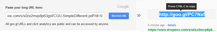 The original URL and the equivalent shortened URL on http://goo.gl